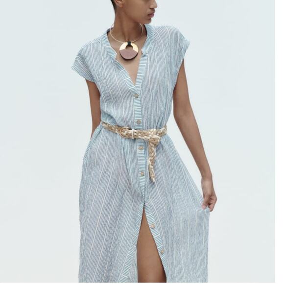 Zara Dresses & Skirts - Zara Striped Belted Midi Shirt Dress in Blue/White